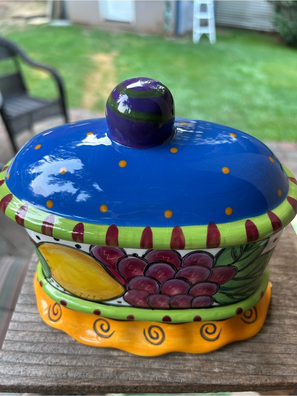 Charma Design  Hand-Painted Ceramic Covered Butter Dish - Blue, Yellow & Green